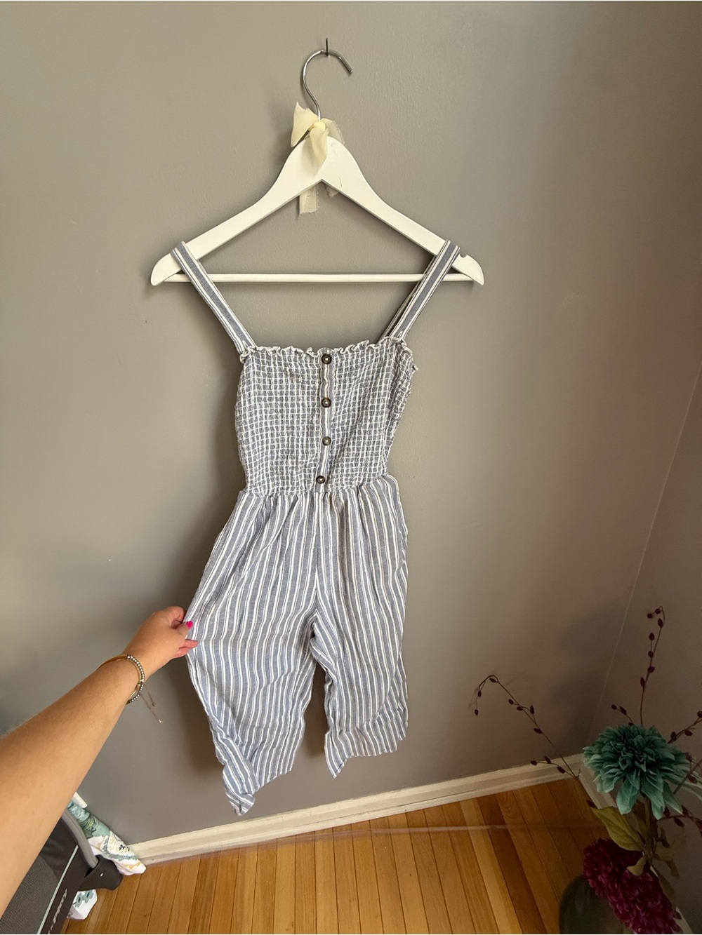 Hollister Blue and White Striped Smocked Jumpsuit